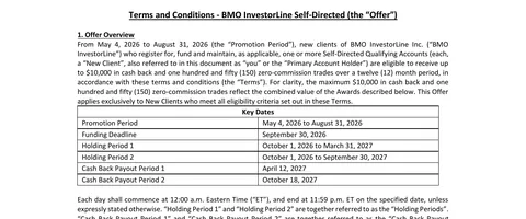 The first page of BMO InvestorLine Self-Directed offer terms.