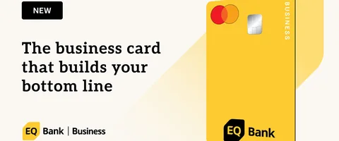 An EQ Bank Business Card appears beside the words The business card that builds your bottom line.