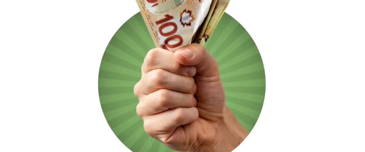A hand holds Canadian banknotes beneath an Innovation Federal Credit Union award badge.