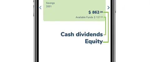 A phone screen shows an Innovation savings balance and cash-dividend equity.