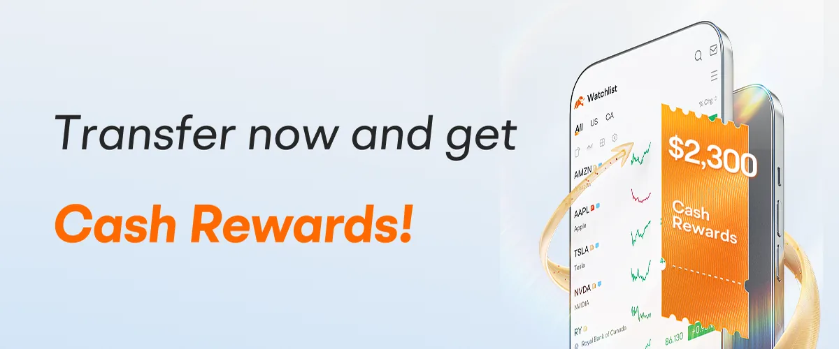 A moomoo campaign graphic advertises up to $2,300 in cash rewards for transferring assets.