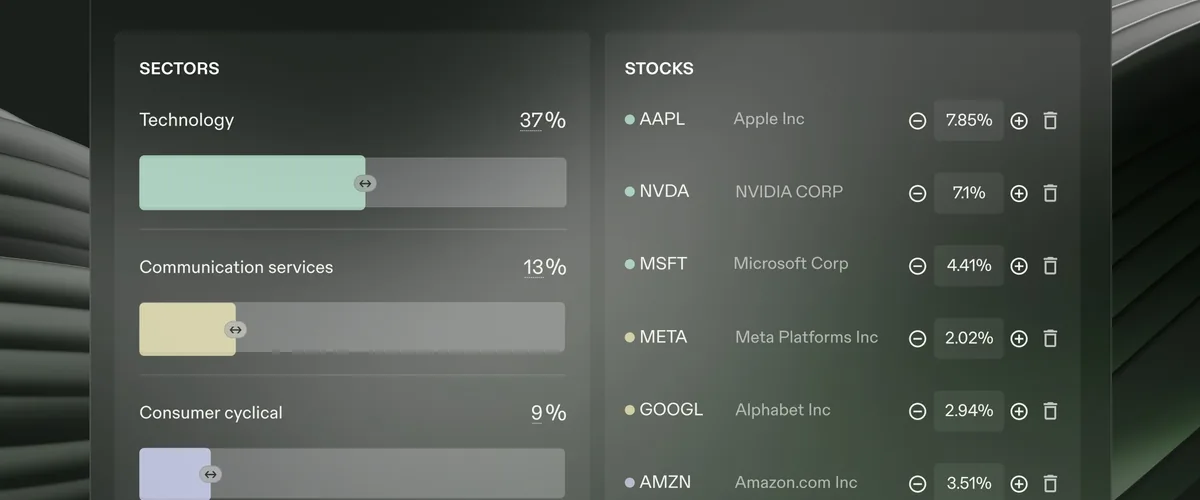 A custom-indexing interface showing sector weights and individual stock holdings.