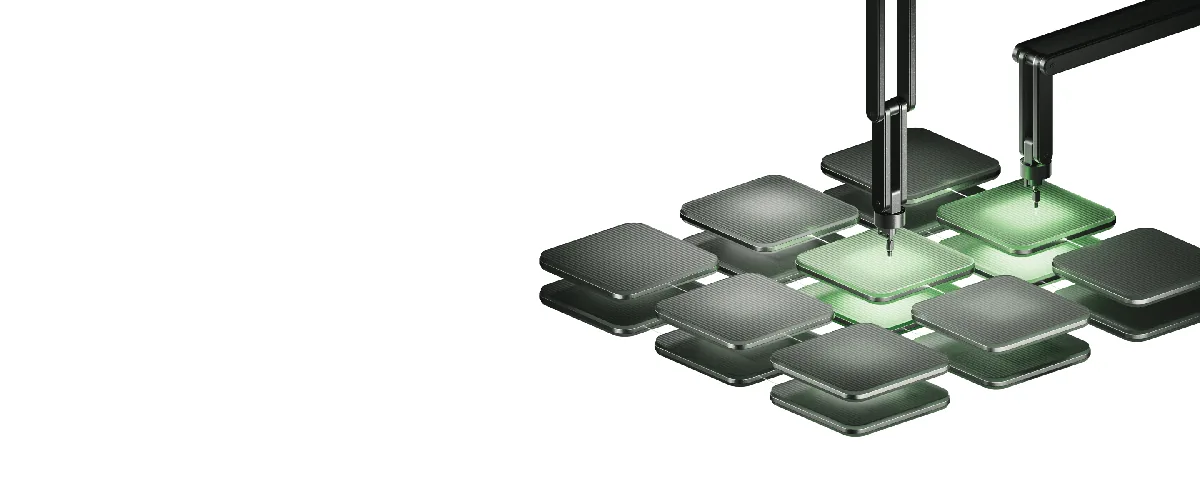 Robotic arms arranging a grid of metallic tiles illuminated in Questrade green.