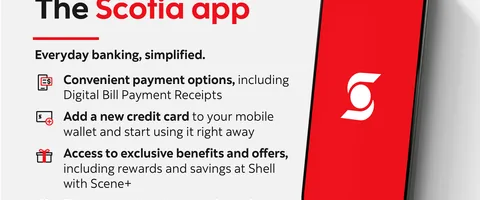 A Scotiabank graphic lists new Scotia app payment, mobile-wallet, offer, and security features beside a phone.