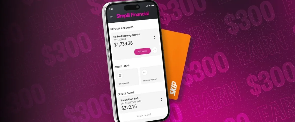 A Simplii debit card beside a Skip gift card.