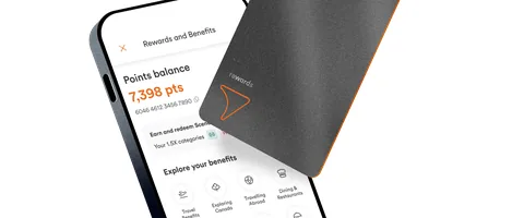 A Tangerine Rewards World Elite Mastercard beside the Benefinder rewards screen in the Tangerine app.