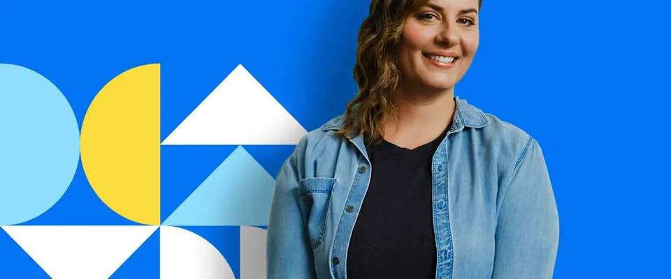 A person standing against an illustrated Alberta landscape.