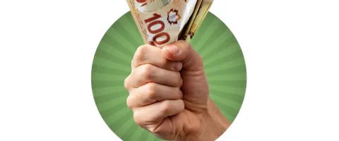 A hand holds Canadian banknotes beneath an Innovation Federal Credit Union award badge.