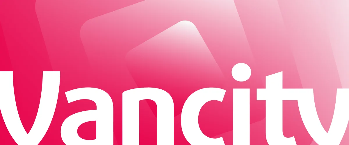 A white Vancity wordmark on a pink geometric background.